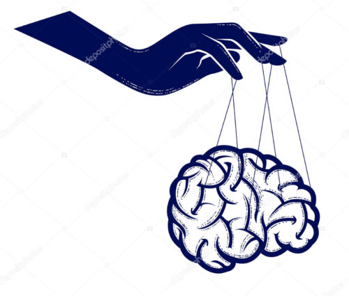 Manipulation of public consciousness, hand manipulates human mind by strings, brain control by mass media, thinking influenced, vector